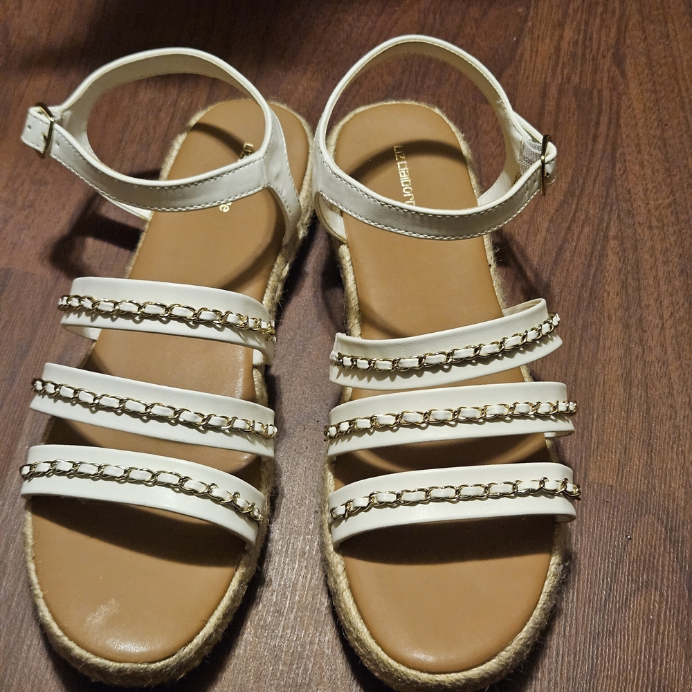 Liz Claiborne Cream Strappy Sandals with Gold Chain Trim